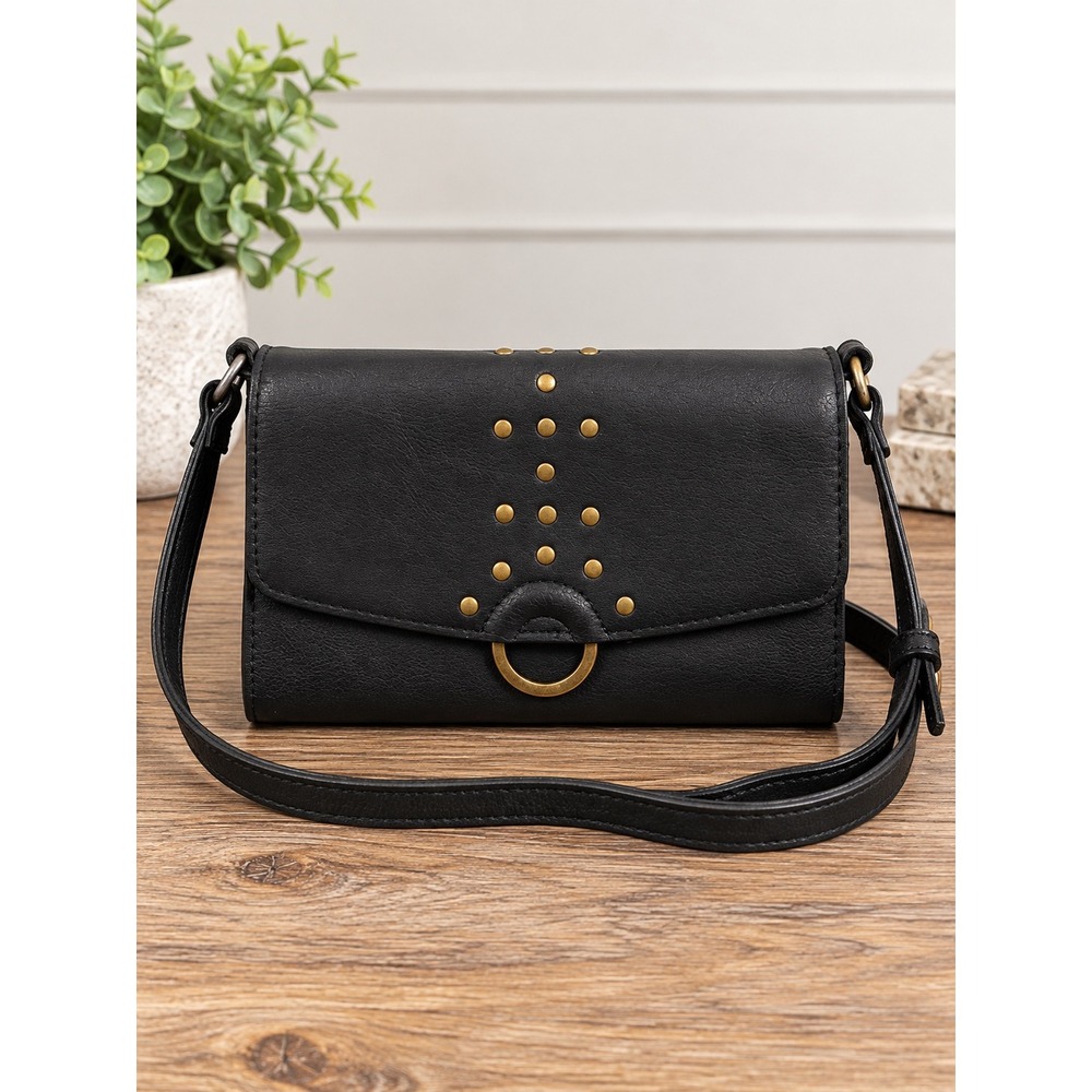 Black Studded Crossbody Wallet Bag Antique Brass Adjustable Strap A New Day 8x5
